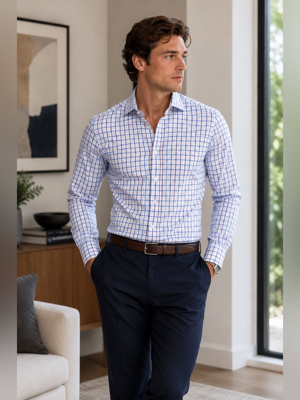 Sz S Egara Blue & Burgundy Men's Checkered Dress Shirt NWT $50 MSRP